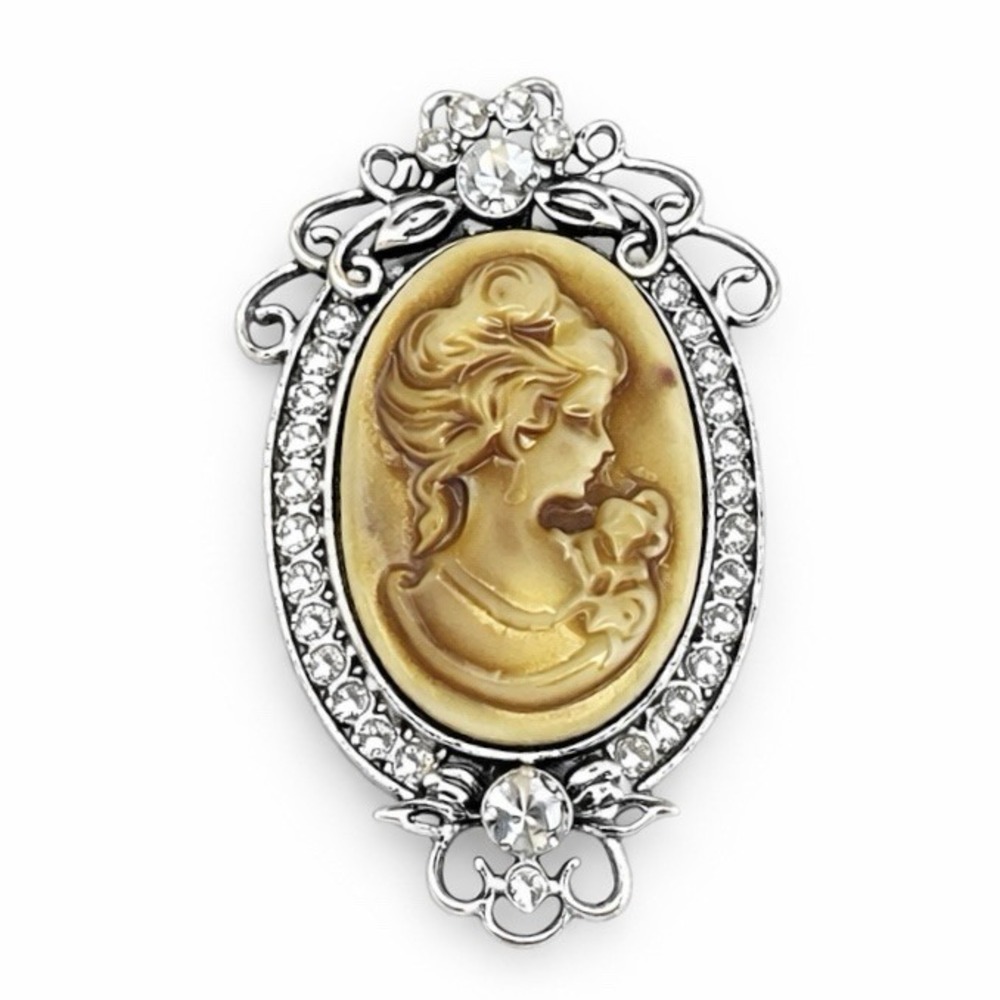 Vintage Style Cameo White Rhinestone Brooch Silver Tone Metal Accent Pin 2.25"